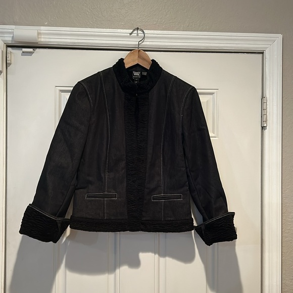 WORTH Black Modern High Collar Denim Jacket Size 8 - Picture 4 of 7